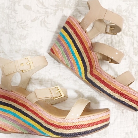 kate spade Shoes - Kate Spade rainbow straw wedges double buckle